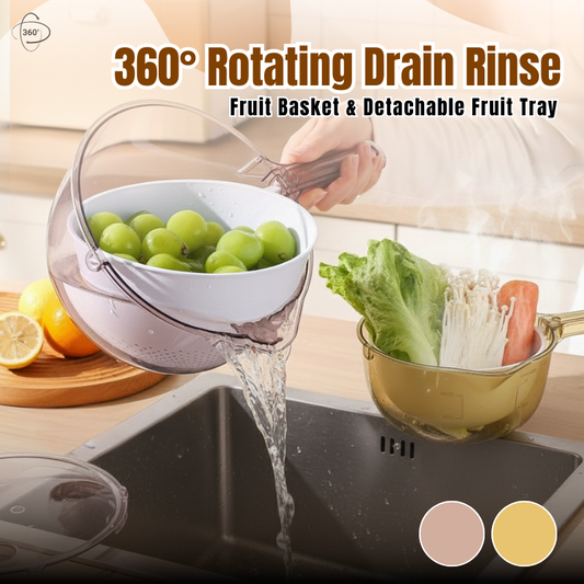 Daphtora® 360° Rotating Drain Rinse Fruit Basket & Detachable Fruit Tray
