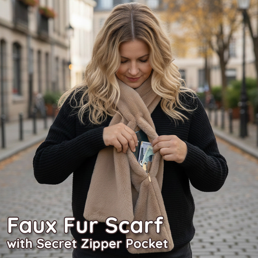Daphtora® Faux Fur Scarf 𝚠𝚒𝚝𝚑 Secret Zipper Pocket